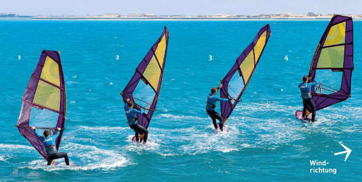 Vor dem Schiften erst die Brettnase aus dem Wind drehen.
