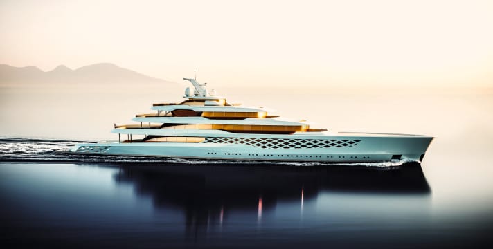 „Freddie Gump“: Das 109 Meter lange Konzept entstand in Zusammenarbeit mit mehreren Brokern. Feadships Designstudio De Voogt setzte die Ideen dann um. Im Rumpf befindet sich ein versteckter Nachtclub, im Heck können große Partys gefeiert werden. | n.