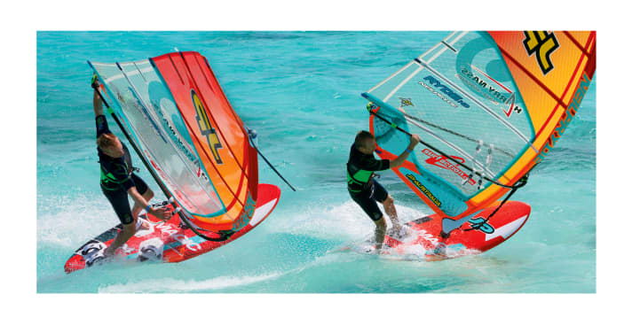 A common mistake with the Duck Jibe: the new front hand does not reach far enough forwards