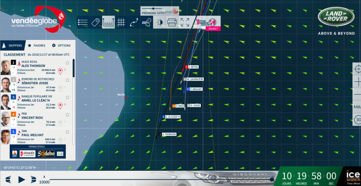   Gut zu erkennen: Thomson und Le Cléac'h segeln leicht nach Südwest, Josse und Riou schnurgerade nach Süd
