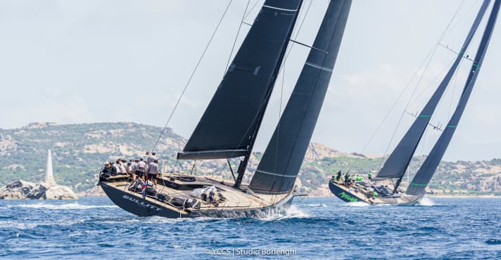 The Wally 93 "Bullitt" (ex-"Nahita") is chasing the SWS 100 "Morgana", which is taking part in the Giorgio Armani Superyacht Regatta and not the Southern Wind Rendezvous. | t.
