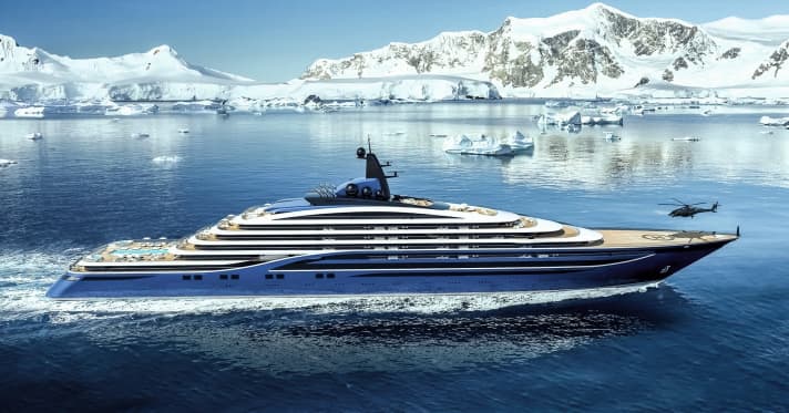 "Somnio": The 222 metres with lines by Winch Design will sail to the Antarctic and accommodate 39 user parties. "Somnio" dispenses with rectangular cruiser superstructures and favours terraced aft decks, main deck pool and various hull hatches. | n.