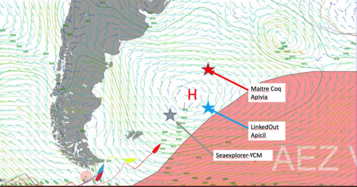   Figure 2: the situation on Wednesday 6 January at 1200 UTC. A high will separate the fleet. "LinkedOut" and "Groupe Apicil" will have to make the difficult decision to position themselves to the east of the high or to sail northwards into the headwind instead