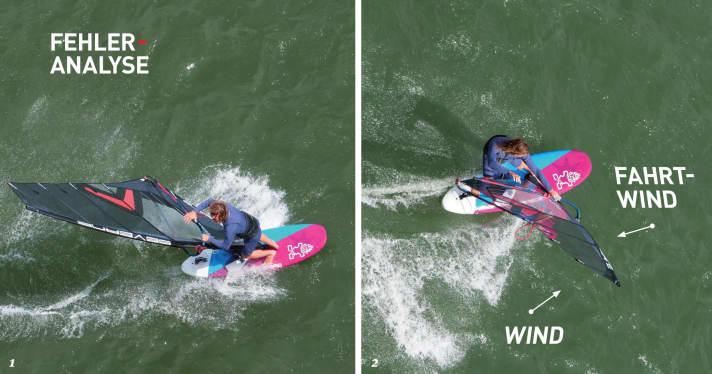 The quick dance to port and the subsequent pronounced sail control are the key to success with the backwind jibe.