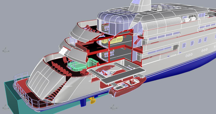 Flips: Für das Hologramm des 75 Meter langen D-&-L-Yachtkonzepts "Undine" realisierte HoloDimensions drei Bildausschnitte, die jeweils aus verschiedenen Richtungen einsehbar sind. So lassen sich Details aus bestimmten Interior-Bereichen präzise darstellen. | n.