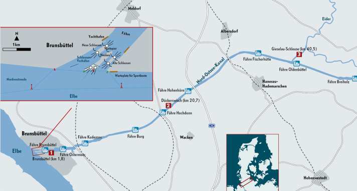 Il Canale di Kiel è lungo 53,3 miglia nautiche, qui il tratto da Brunsbüttel al traghetto di Breiholz. Immagini e informazioni sui waypoint numerati in rosso sono disponibili nella galleria in cima all'articolo.