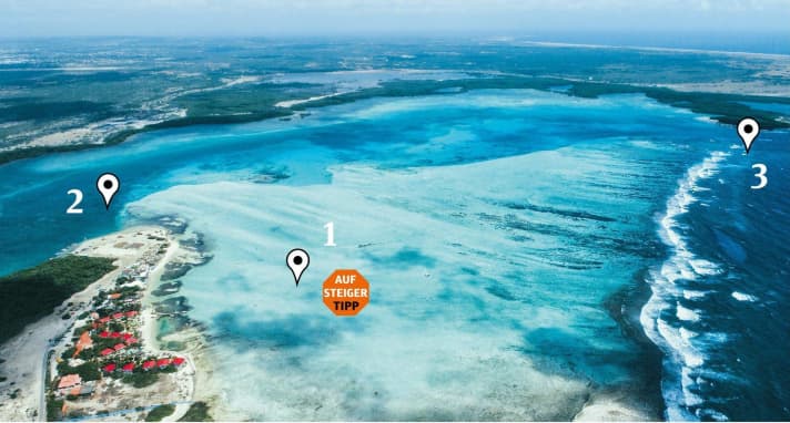 Bonaire's Lac Cay offers three different spots in a very small area: Spot 1 in particular in the shallow, warm lagoon is a paradise for beginners and intermediates.