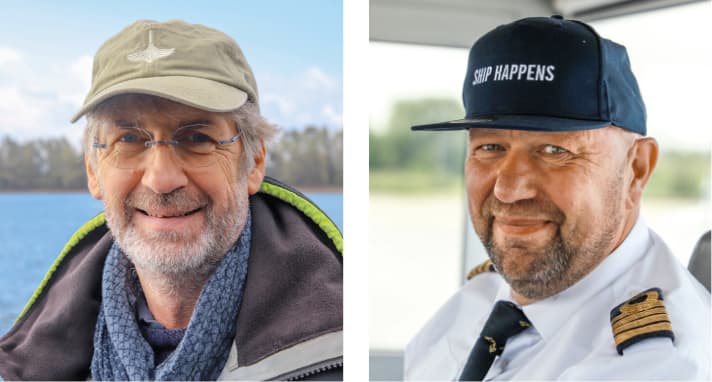  Helge von der Linden (à gauche) est le président du Yachtclub Wesel et l'un des organisateurs de la Rheinwoche, Edwin Bosma est le capitaine du bateau d'accompagnement de la régate. Il veille à la bonne ambiance sur l'eau et à terre.
