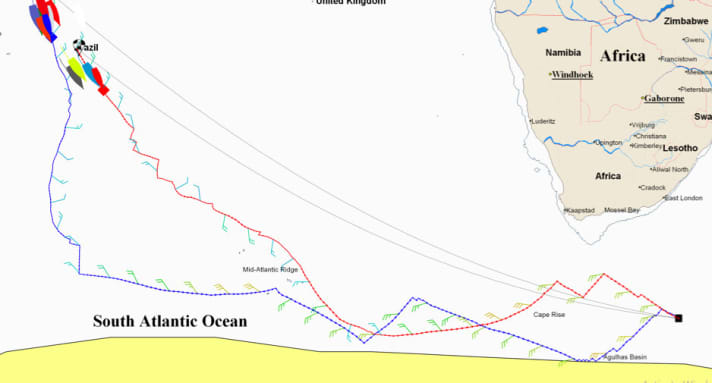   Figure 3: This is what the possible routings look like. The red course line is the direct route foreseeably favoured by the leaders, the blue one the southern and longer option to sail west of the high pressure