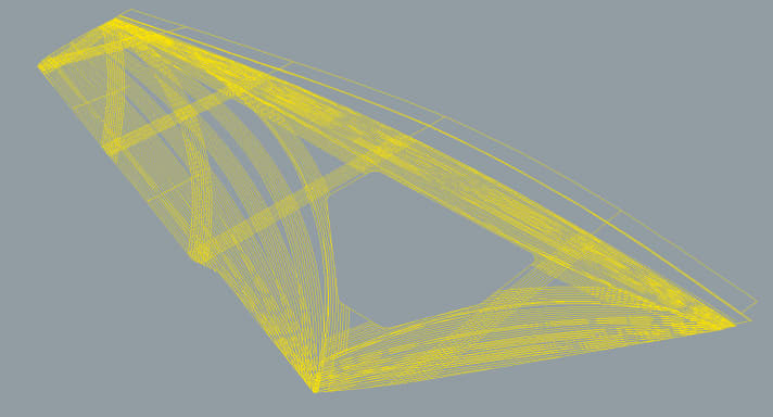   Designer Peter Munzlinger precisely determines the arrangement of the tear-resistant Technora fibres for each size in the model.