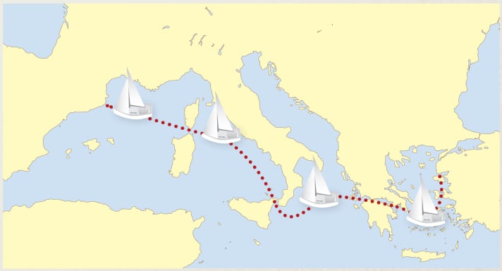 Transfert en Méditerranée : la carte montre l'itinéraire de 1 300 miles nautiques que le "Papagena" a parcouru en à peine deux semaines | Carte : YACHT