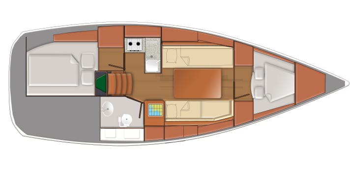   Sun Odyssey 319: Layout with two separate cabins and a total of six berths