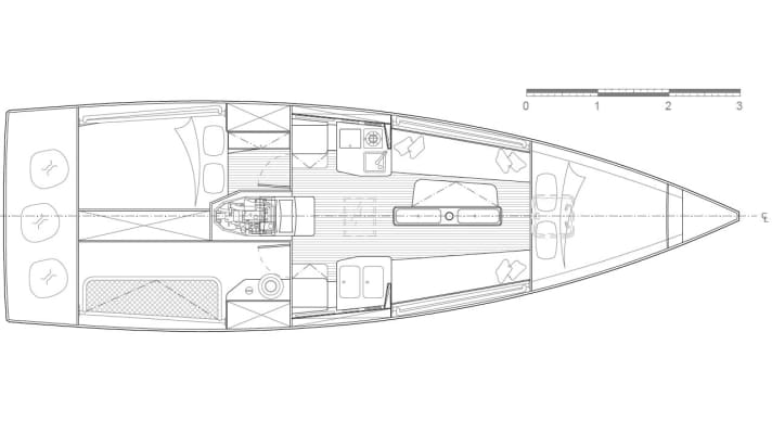   JPK 10.30. Interior with two cabins, toilet and navigation system