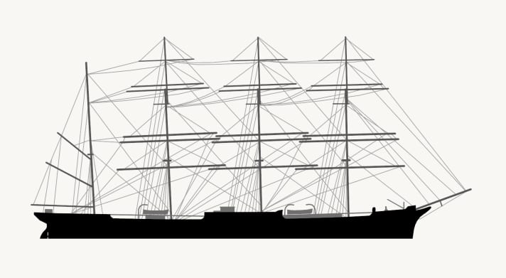 Side view of the "Passat": As a cargo ship, the four-masted barque had a crew of around 30 seamen.