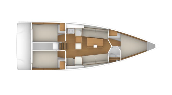   The standard configuration is with three cabins and a wet room in the foredeck. Variants are not yet planned