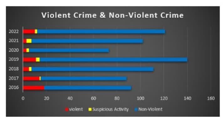Violent incidents (red) and non-violent incidents (blue) by year