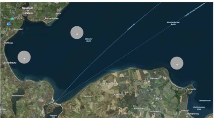 La carte montre l'emplacement des trois projets pilotes dans les baies de Lübeck et de Mecklembourg.