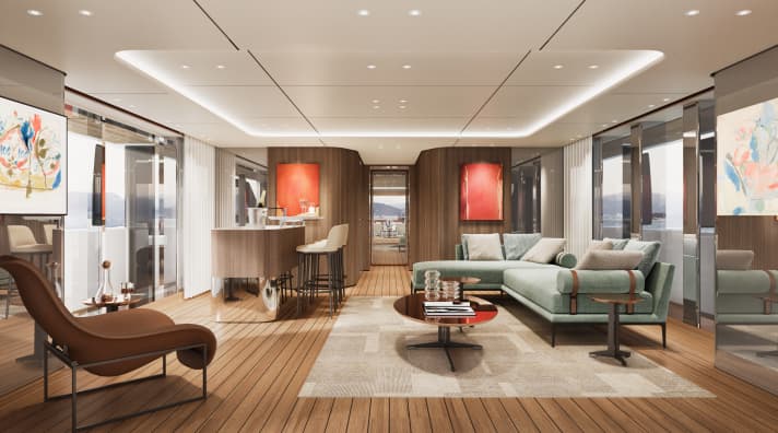 Der Hauptdeck-Salon zeigt natürliche und glänzende Oberflächen.