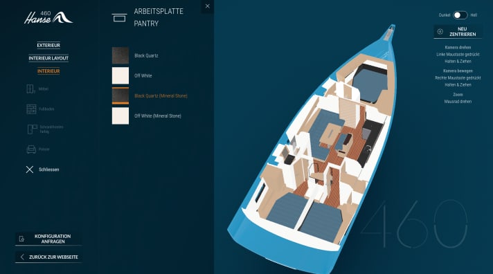 Anche gli allestimenti interni possono essere personalizzati grazie al configuratore 3D. È possibile selezionare e visualizzare tutte le possibili varianti di allestimento, i diversi tipi di legno e tutte le combinazioni di colori.