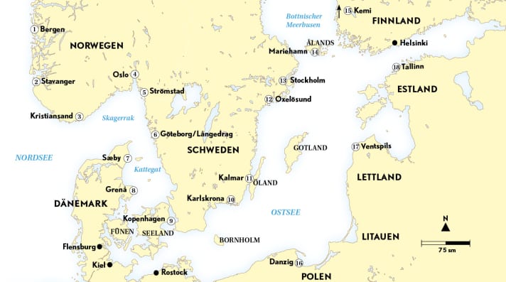   Die hier empfohlenen Crewwechselhäfen bieten eine Kombination aus gutem Liegeplatz, reibungsloser Anreise und günstiger Infrastruktur für Einkäufe oder Reparaturen. Da Norwegen nicht in der EU ist, darf das Boot dort allerdings zollfrei nur sechs Monate bleiben