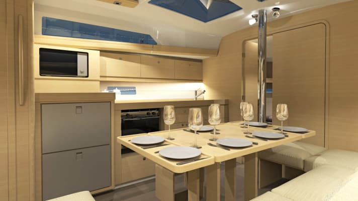   Rare now: the long kitchenette at the side of the saloon. Alternatively, an L-shaped galley can also be ordered aft