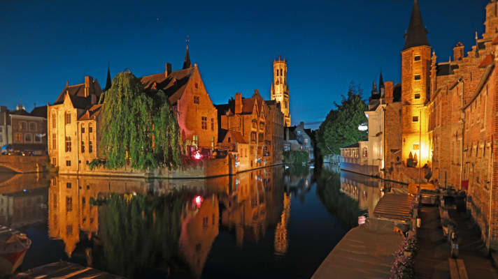 The Dijver, one of the watercourses in the historic centre of Bruges, seen from Rozenhoedkaai