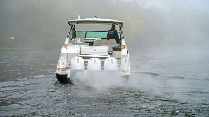 The three outboards not only provide plenty of thrust, they also simplify harbour manoeuvres (in conjunction with the joystick control) - and look great on the jetty