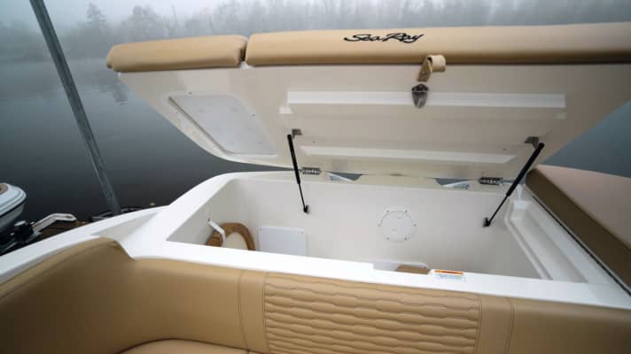 Not only does it have plenty of seating and reclining areas, but thanks to the lack of an inboard motor it also has an enormous amount of storage space in the stern and under the seats