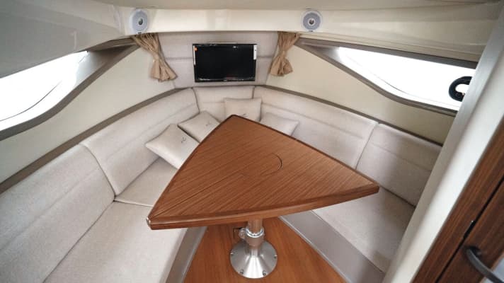 The cabin looks a little low in the bow due to the sunbathing area on deck