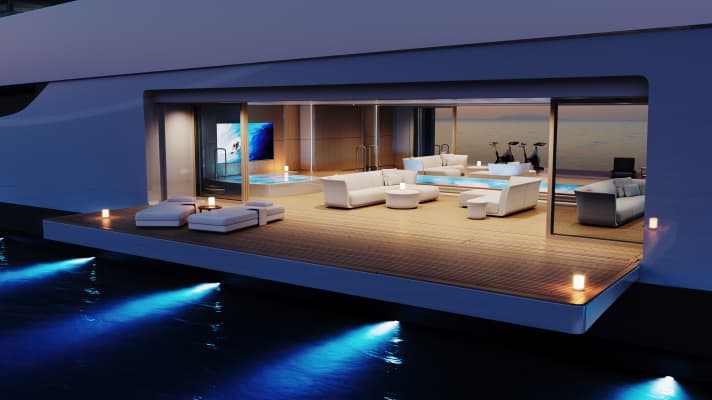Spacious: The tender storage on the main deck and the shallow engine room allow for a beach club with pool and jacuzzi.
