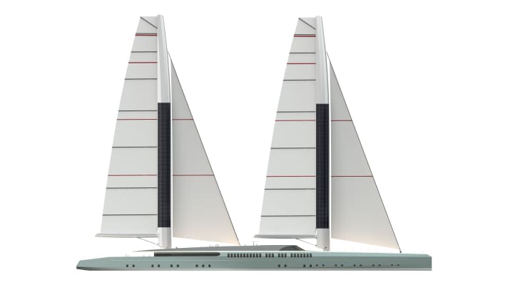 The aerodynamically shaped masts alone would have a total surface area of around 400 square metres in the wind. Rondal would laminate a total of 480 square metres of solar panels into the carbon profiles.