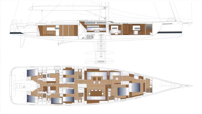 The telescopic keel protrudes only minimally into the saloon. "Fancy" relies on conventional propulsion. Instead of the VIP cabin, Nautor is able to implement a 40 per cent larger master suite. The car park of the Zodiac Yachtline 490 protrudes into the crew quarters. The trick was made possible by the wider stern.