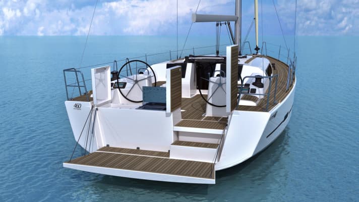   Dufour 460 GL : bel accès à la plateforme arrière et espaces de rangement avec possibilité de barbecue intégré