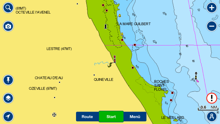The tidal harbour of Quinéville is almost hidden away on the edge of the Seine Bay, around four miles south of the safe port of Saint-Vaast-la-Hougue. The green-coloured areas in the picture are sometimes more than three metres dry at low tide. Favourable conditions are essential for mooring safely in the harbour.