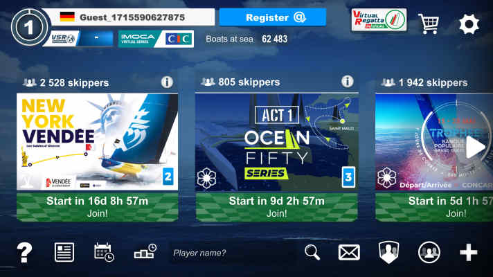 The start screen with the selection of regattas and various settings