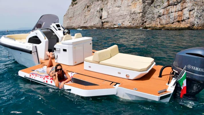 Galley and sun loungers promise comfort. Folding balconies create space when things get tight