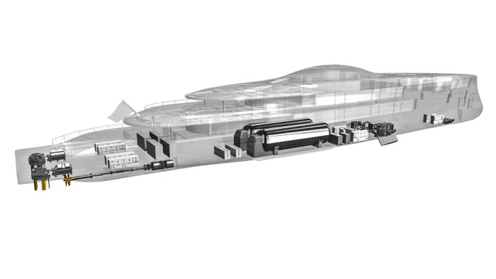 "Aqua": Sinot's 112-metre concept shows how much space cylindrical hydrogen tanks take up. Large formats therefore combine fuel cells with methanol, which is stored in a similar way to diesel.