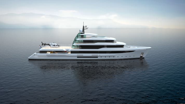 Abrupte Silhouette: Frank Mulder zeichnete den Explorer "Crystal". Ein Glas-Atrium über vier Decks stoppt die Linien vor dem Helipad. | d.