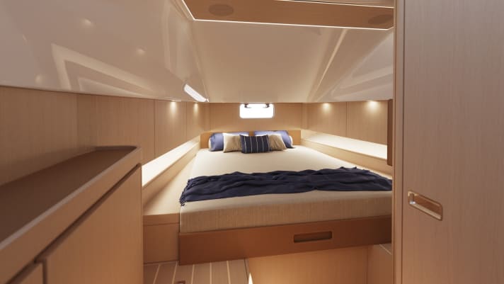 Cabin view: In the bow there is space for a double cabin with a bathroom to starboard. The interior is reminiscent of that of the sisters under sail. | n.