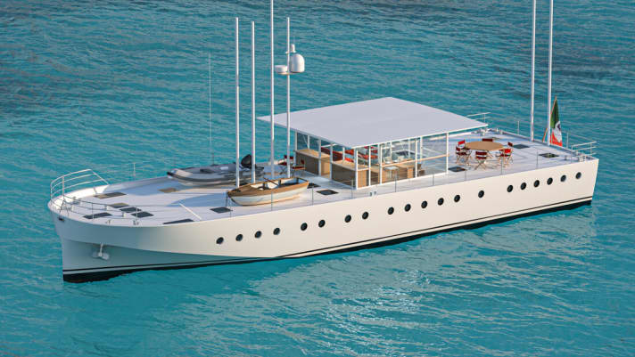 „Zattera“: Mit den Masten erinnern die 24 Meter an eine Segelyacht, Tuch wird aber nicht gesetzt. Vortrieb liefert ein Hybridantrieb. | b.