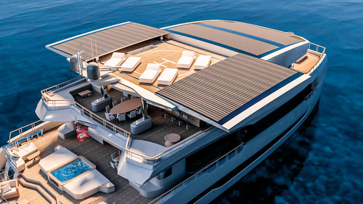 In optimum sunlight, 40 kilowatts are fed into the 800-kilowatt-hour battery bank of the Silent 100. The ten-metre-high cat has a volume of 440 gross tonnes and a hidden helipad.
