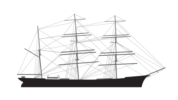 Seitenriss der “Rickmer Rickmers”: Ursprünglich befanden sich auch am achteren Mast Rahen.