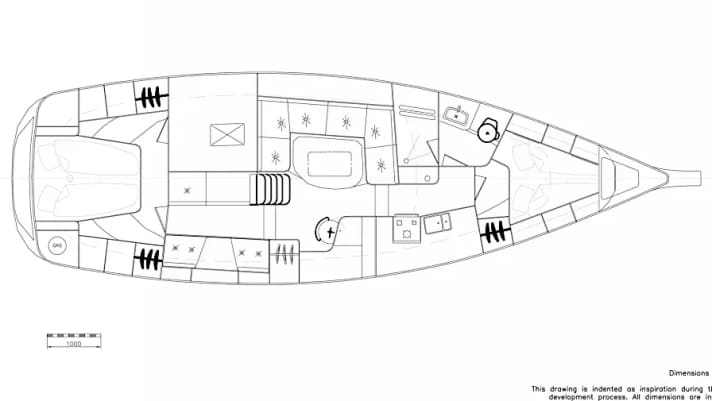 Nordship 420 DS, aménagement intérieur de la version de base : de nombreuses alternatives d'aménagement sont possibles