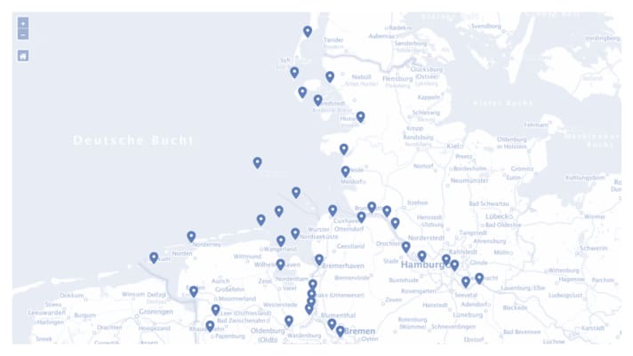 Übersicht über die Pegel an der deutschen Nordseeküste sowie entlang der Mündungen der großen Flüsse