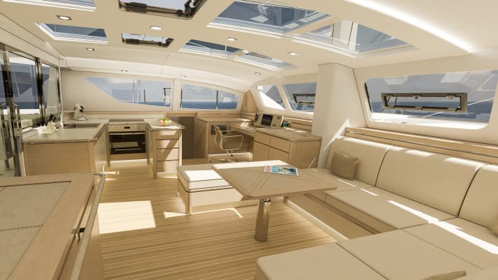   Slyder 49 The beautiful, light-coloured interior is made of light oak wood. There are alternatives