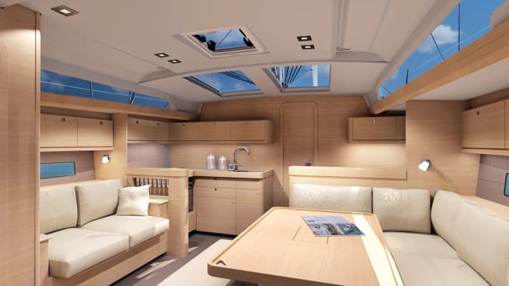   Dufour 460 GL : cuisine sur la cloison principale et grandes fenêtres panoramiques au-dessus