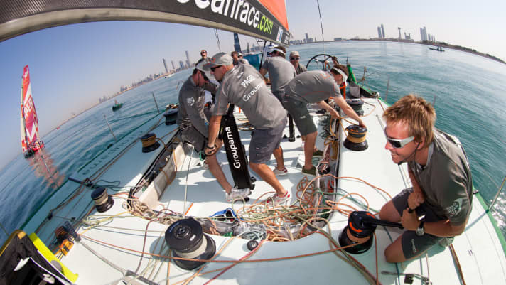   Training: The trimmers on Groupama are kept busy even in calm conditions