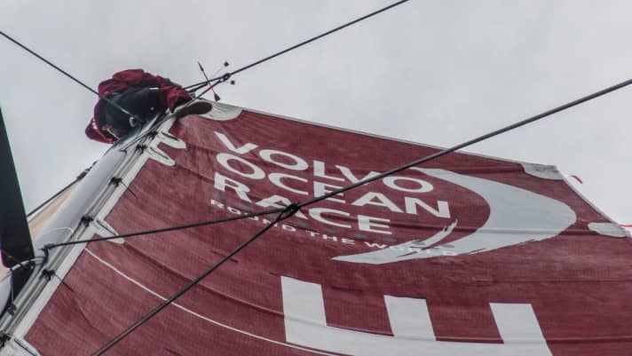   The Mapfre crew checks the rig before diving into the Southern Ocean