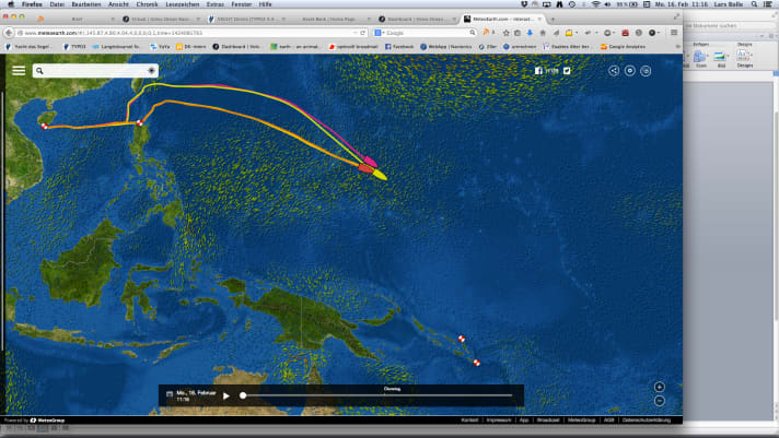   The wind situation in the Pacific. The fleet sails towards the Doldrums
