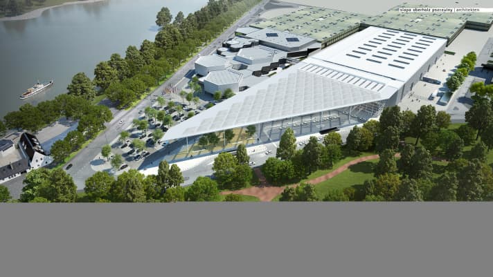   The rendering shows a bird's eye view of the exhibition centre - with the new south entrance area